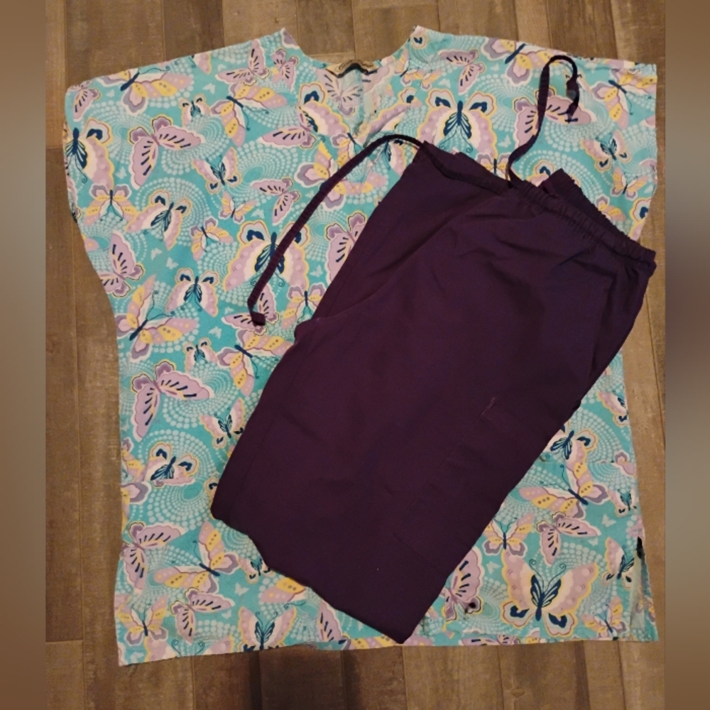 Ladies Comfy Cotton Butterfly Medical Scrub Set Sz Medium Nurse Doctor
